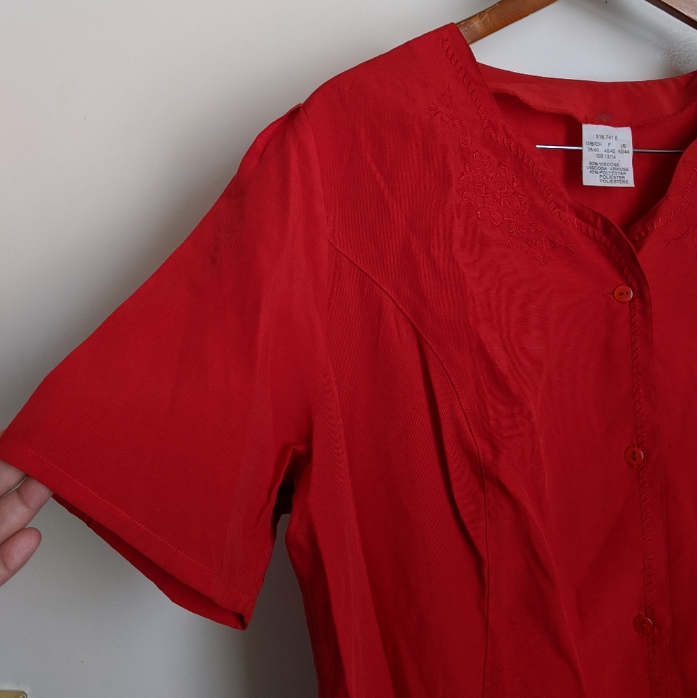 Vintage Red Embroidered Short Sleeve Button Down Blouse - Picture 11 of 16